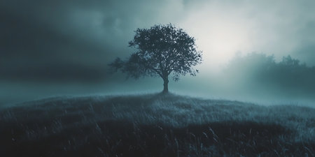 Lonely Tree in Foggy Fieldの素材