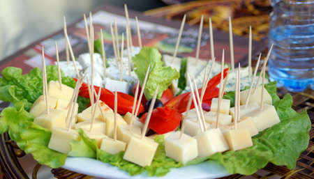 Different cheese sorts and vegetables on the plate     の写真素材