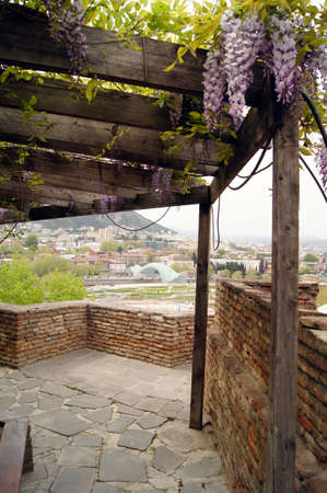 Famous blue wooden carving balcony and terrace of last georgian queen palace - Darejan, Tbilisi, Republic of Georgiaの写真素材