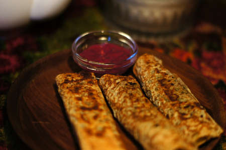 Pancakes with vegatables creamの写真素材