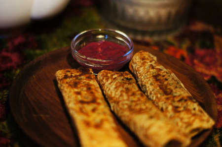 Pancakes with vegatables creamの写真素材