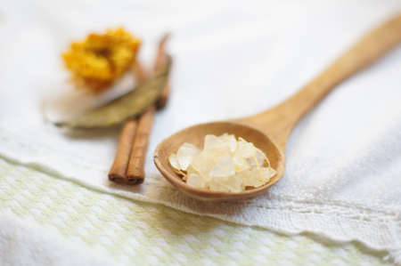 Aromatic spa set with sea salt and plantsの写真素材