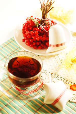 Snowball berries and cup of teaの写真素材