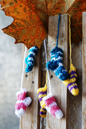 Small knitten socks on the wooden backgroundの写真素材