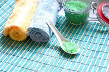 bath accessories: sea salt and towels
