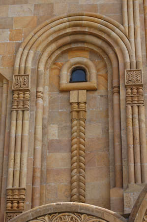 The biggest orthodox cathedral of Caucasus region - St. Trinity or Sameba cathedral in Tbilisi, Republic of Georgia - traditional georgian stone fretworkの写真素材