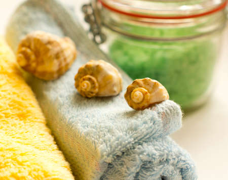 bath accessories: sea salt and towels