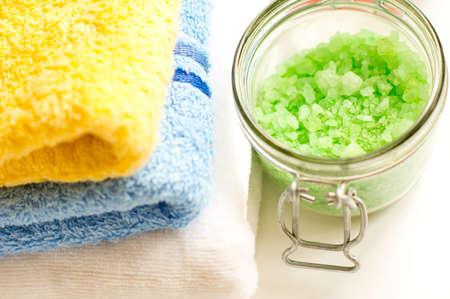 bath accessories: sea salt and towelsの写真素材