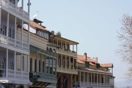Traditional wooden carving balconies of Old Town of Tbilisi, Republic of Georgiaのeditorial素材