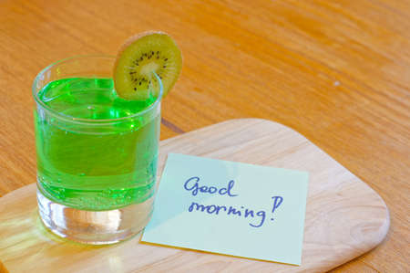 Healthy breakfasr: closeup of kiwi juice and fruitの写真素材