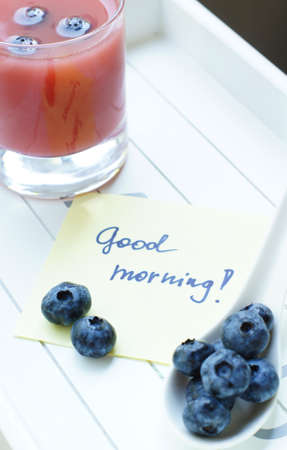 Healthy breakfast: juice and bilberriesの写真素材