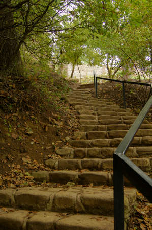 Stairs on th ehill slop in Bodbe monastery in autumn time, Georgia