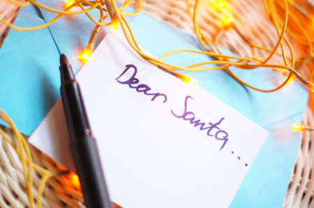 Christmas letter to Santa Claus and different holiday decorationの写真素材
