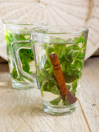 Glasses of green mint tea on the tableの写真素材