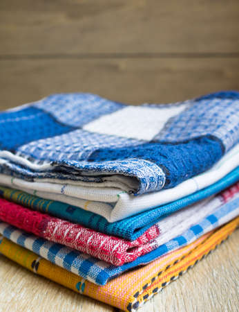 Kitchen towels on the wooden backgroundの写真素材