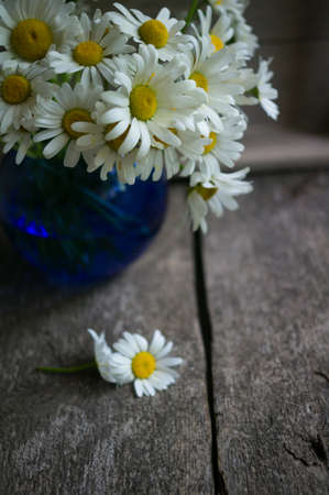 Summer time, wild daisy in the vase on the old wooden tableの写真素材