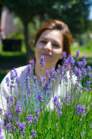 Beautiful young woman in lavender fiels, summer timeの写真素材