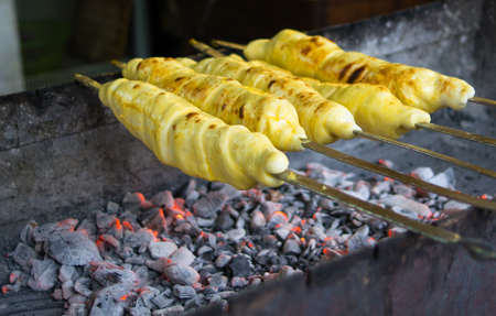Georgian traditional dish - khachapuri on a skewerの写真素材