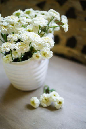Summer time, wild daisy in the vase on the old wooden tableの写真素材