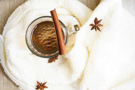 cup of green tea with cinnamon and anise star spices and white warm scarfの写真素材