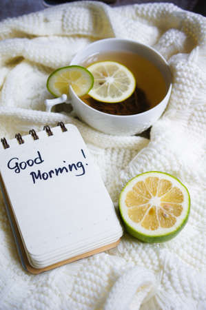 Mug with tea and lemon with Good morning noteの写真素材