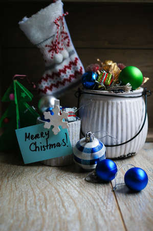 Christmas decorations, blue balls, socks and notesの写真素材