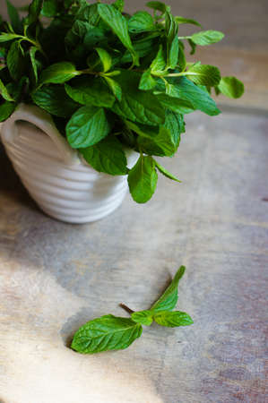 Fresh leaves of mint on the wooden background with noteの写真素材