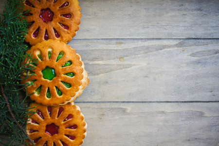 Christmas time decoration, cookies, cinnamon, anise star, lamp and letter to Santaの写真素材