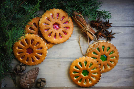 Christmas time decoration, cookies, cinnamon, anise star, lamp and letter to Santaの写真素材