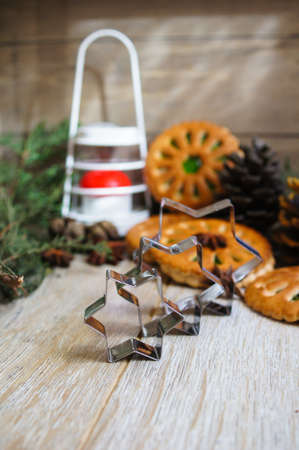 Christmas time decoration, cookies, cinnamon, anise star, lamp and letter to Santaの写真素材