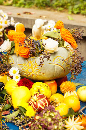 Autumn flowers and fruits in big compositionの写真素材