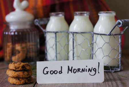 Old-styled bottle with milk and cookies with Good morning note