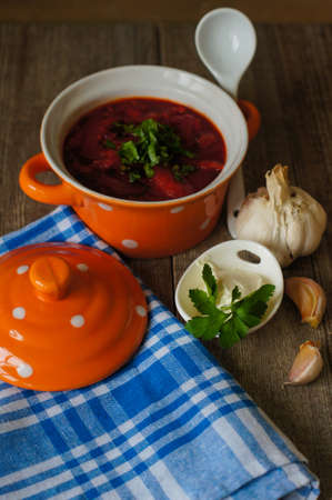 Soup with red beets. Ukrainian traditional dish Borschの写真素材