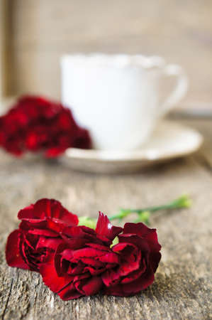 Cup of coffee with red cloves flowers for Valentine's dayの写真素材
