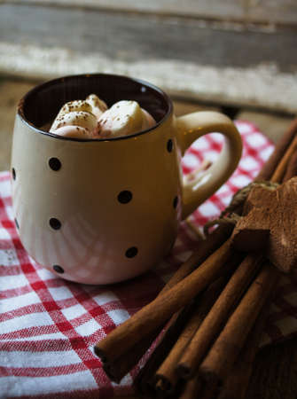 Cloeup of hot chocolate with marshmallows in a mug on napkinの写真素材