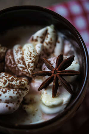 Cloeup of hot chocolate with marshmallows in a mug on napkinの写真素材