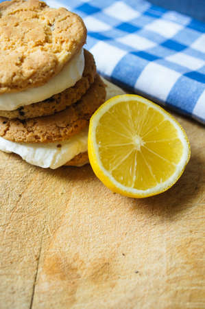 Fresh blueberry layered desert with mascarpone cream and cookiesの写真素材