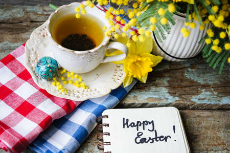 Easter time, spring flowers, easter eggs and  easter bunnyの写真素材