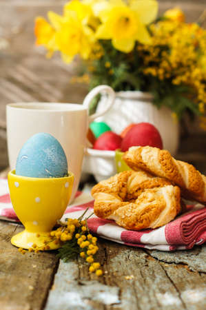 Easter time, spring flowers, easter eggs and  easter bunny