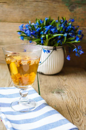 Blue spring flowers Scylla, bouquet on tableの写真素材