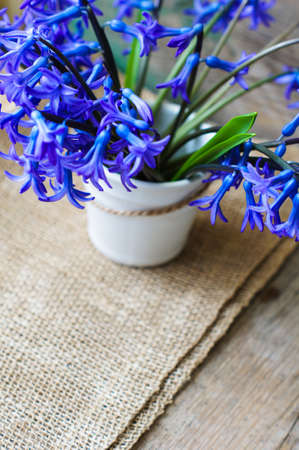 Blue hyacinths in the vase on the wooden table on burlap napkinの写真素材