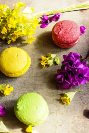 Colorful macaroons and first spring flowers on old wooden background