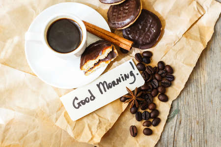 Cup of black coffee on the wooden tableの写真素材