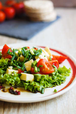 Healthy food, tomatoes and salad leaves with cheese and diet breadの写真素材