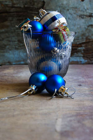 Christmas blue balls on the old wooden backgroundの写真素材