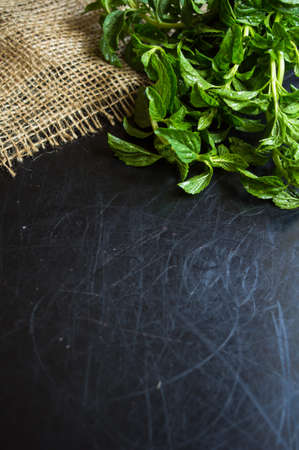 Leaves of green basil on black stone tableの写真素材