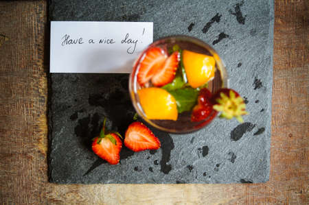 Lemonade with fresh strawberries, lemon and mintの写真素材