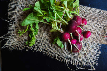 Fresh radish vegetable on wooden backgroundの写真素材
