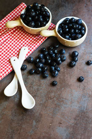 Fresh blueberries in the vintage style bowlsの写真素材