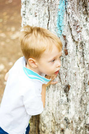Portrait of beautiul boy with blue eyes outdoorの写真素材